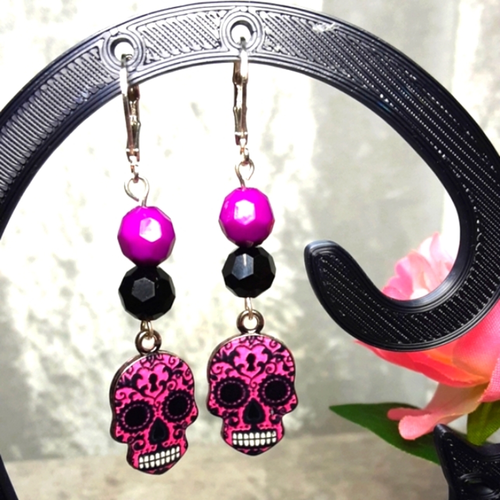 Handmade Sugar Skull Earrings Black Hot Pink
